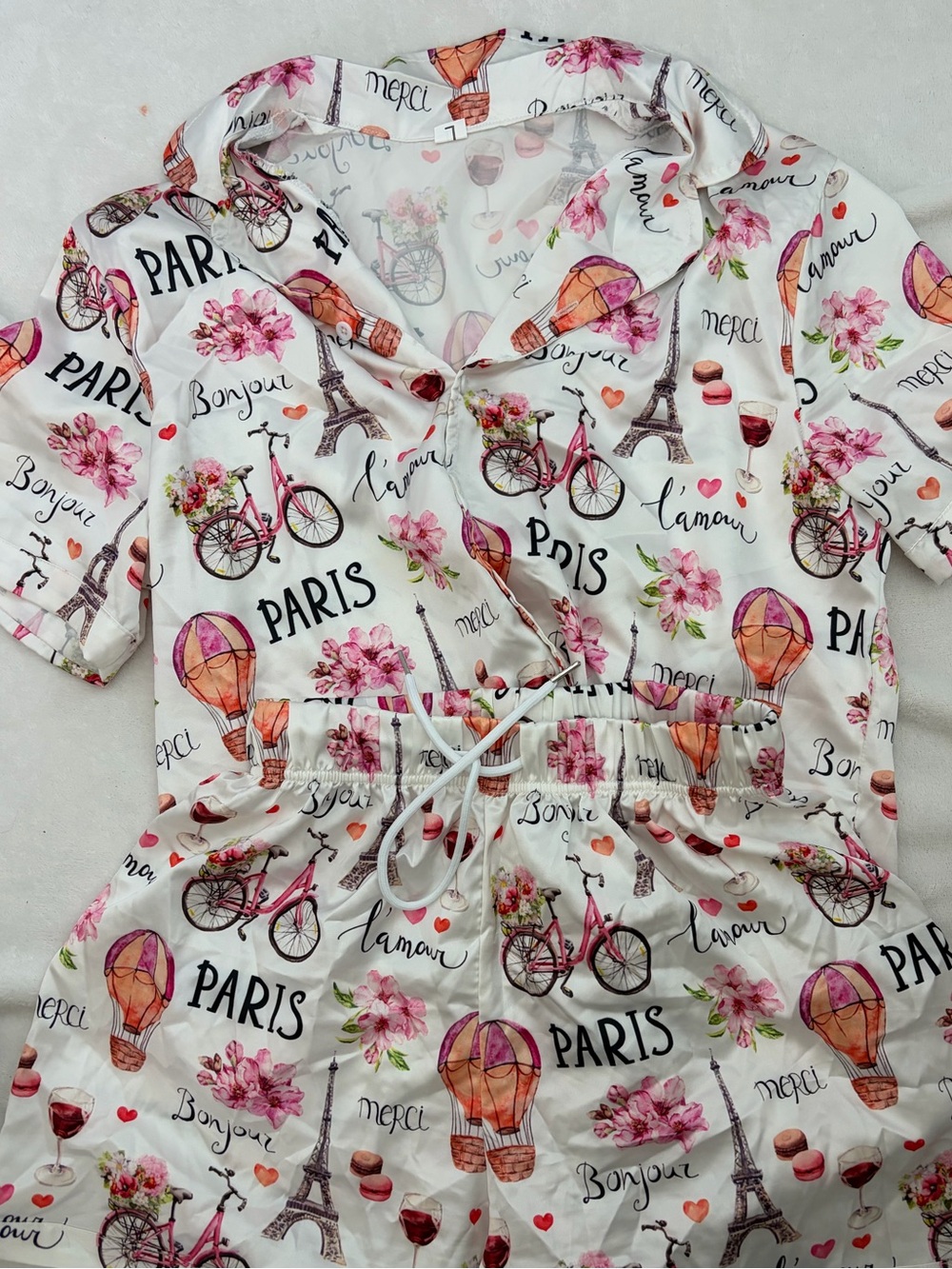 Silk Paris-Print White & Pink Short Pajama Set